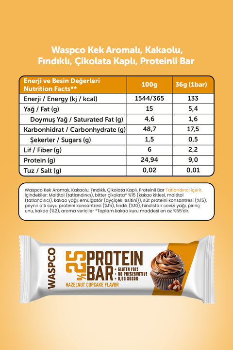 Bitter Çikolata Kaplı Fındıklı Cupcake Aromalı Protein Bar 36G x 12 Adet