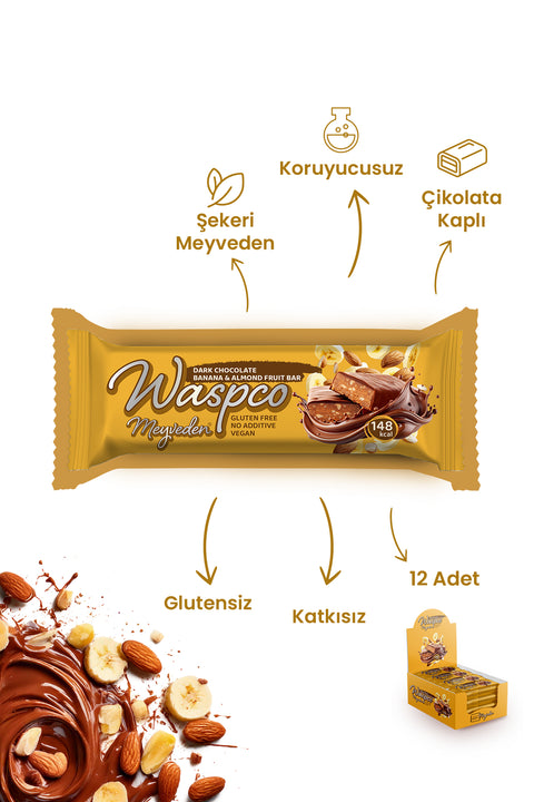 Bitter Çikolata Kaplı Muzlu ve Bademli Meyve Bar 35G x 12 Adet