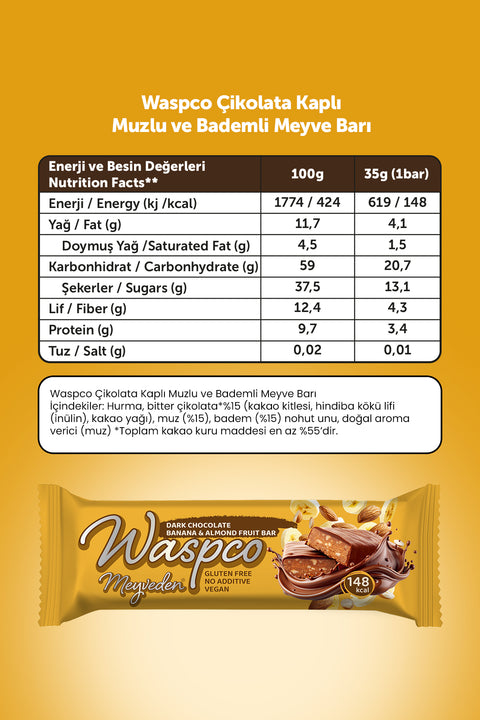Bitter Çikolata Kaplı Muzlu ve Bademli Meyve Bar 35G x 12 Adet