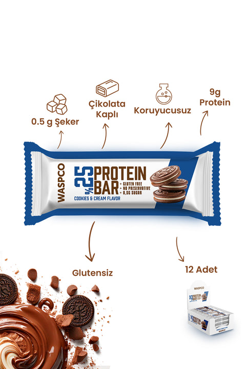 Bitter Çikolata Kaplı  Bisküvi Aromalı Protein Bar x 12 Adet