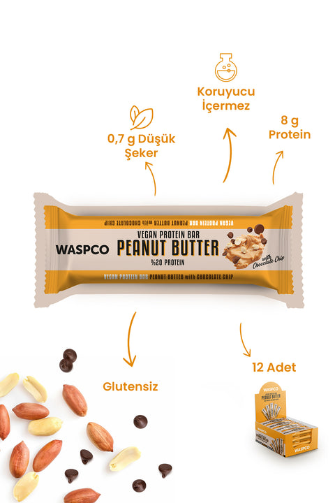Fıstık Ezmeli ve Çikolata Parçalı Vegan Protein Bar 40g x 12 Adet