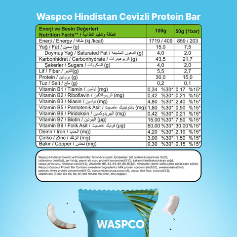 Hindistan Cevizli Yüksek Protein Bar 50g x 12 Adet