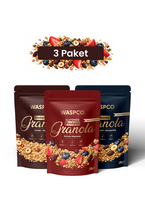 Granola - Kırmızı Meyveler 270 g + Yaban Mersini & Kuruyemiş 200 g + Fındık & Kakao 200 g