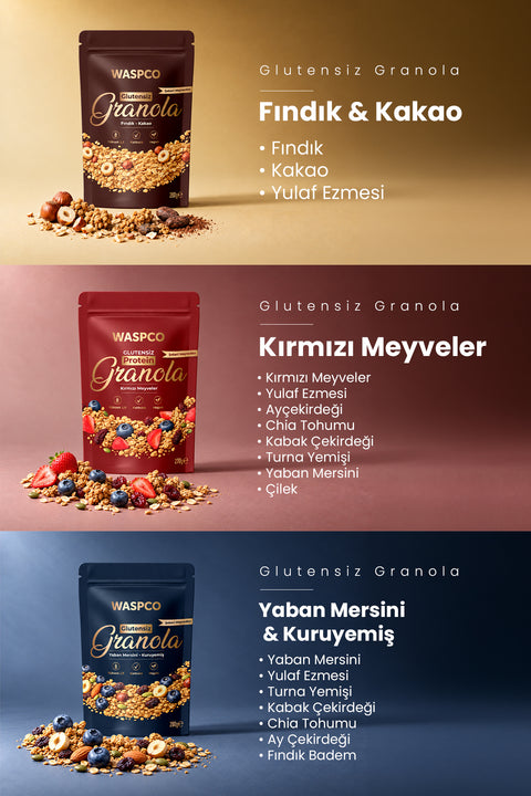 Granola - Kırmızı Meyveler 270 g + Yaban Mersini & Kuruyemiş 200 g + Fındık & Kakao 200 g